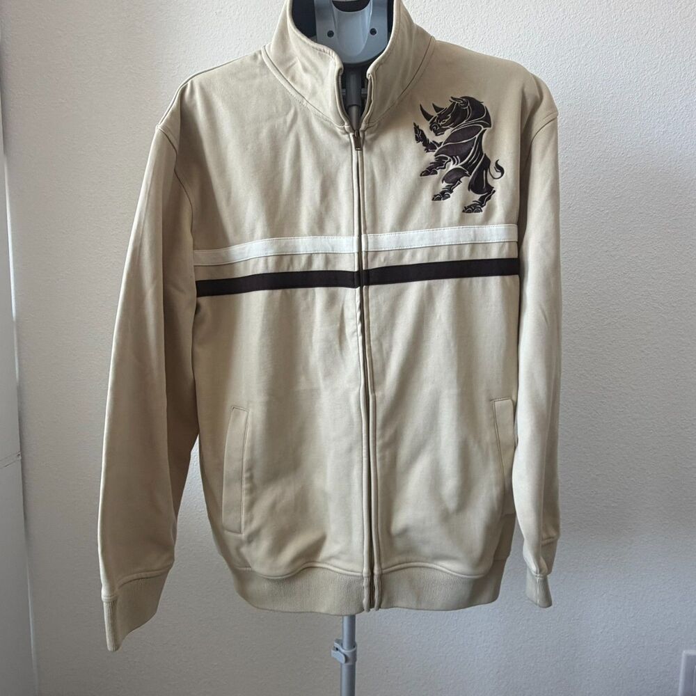 Ecko Unlimited Jacket Size L Beige Zip-Up Rhinoceros Graphic Y2K Performance